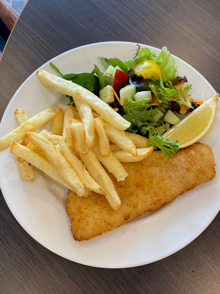 Plate of fish and chips with garden salad and a slice of lemon on plate.